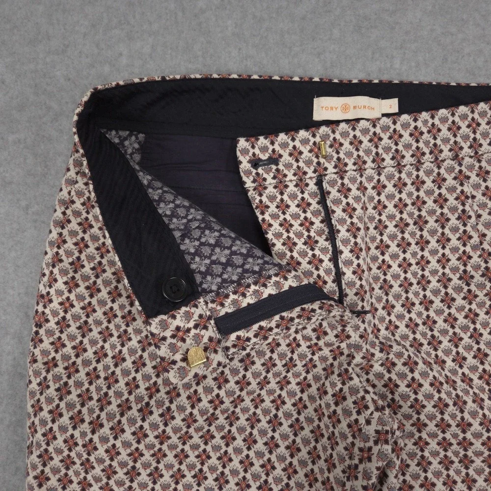 Tory Burch Womens Size 2 Red Blue Geometric Floral Straight Leg Pants Jacquard